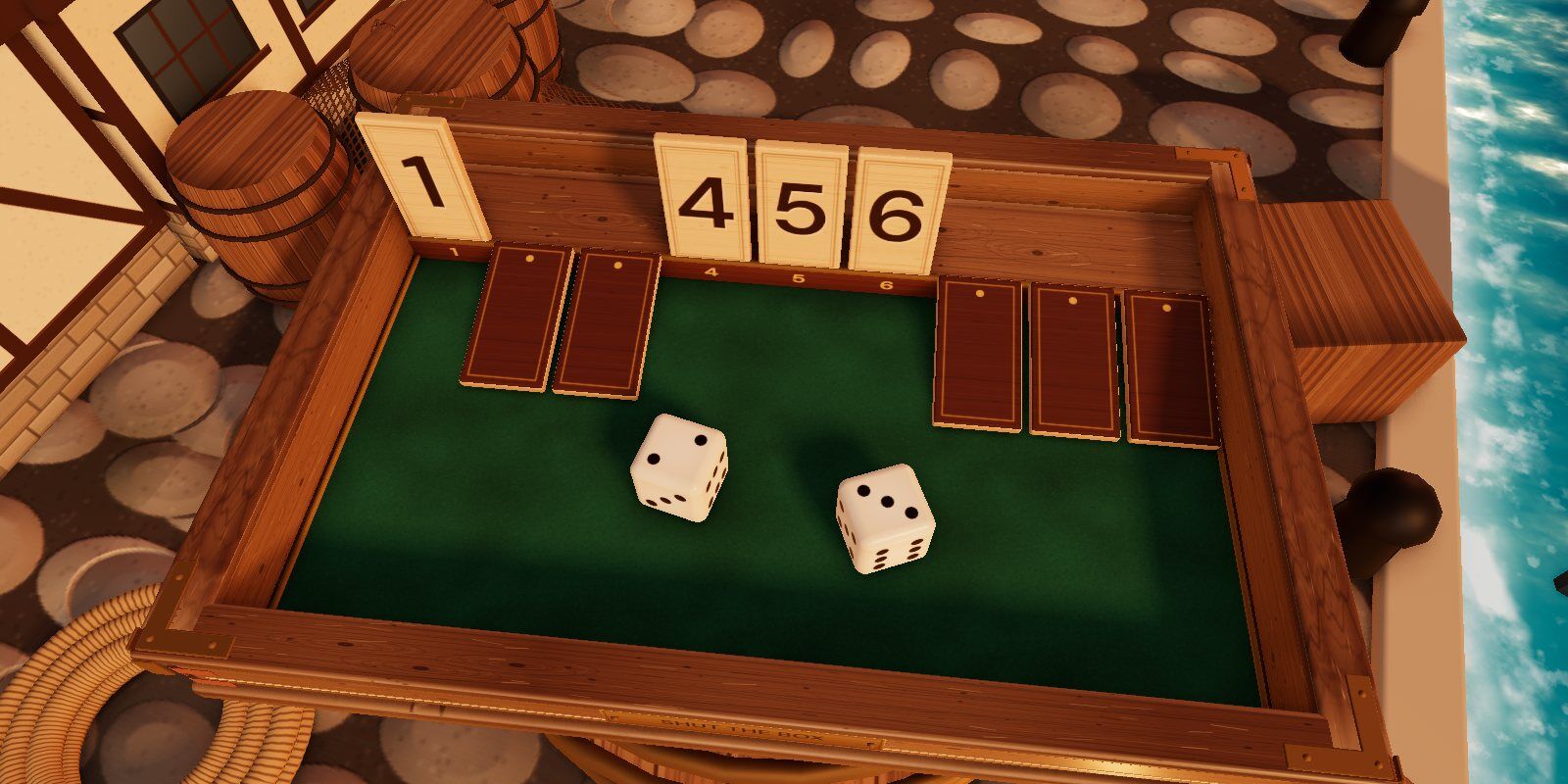 A game in progress, seen from above, with the 1, 4, 5 and 6 still open