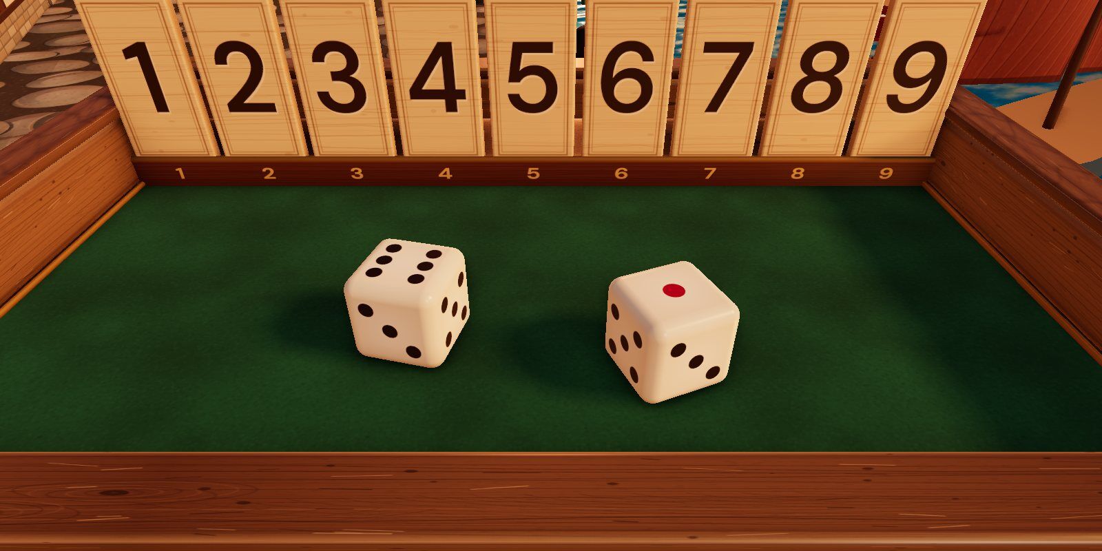 Two dice on the green felt in front of the numbered tiles