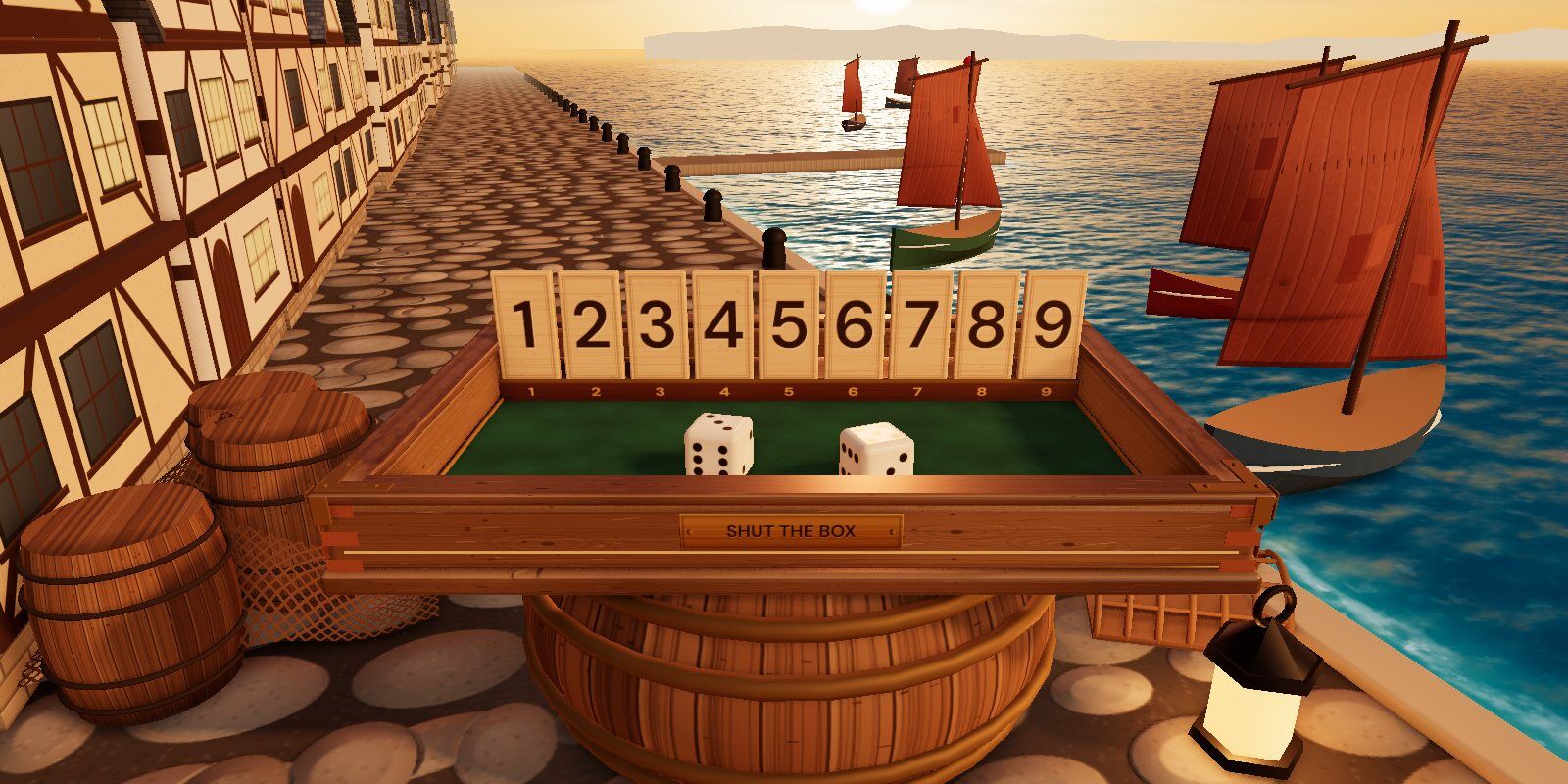 A wooden Shut the Box with nine numbered tiles and two dice on a harbour quay