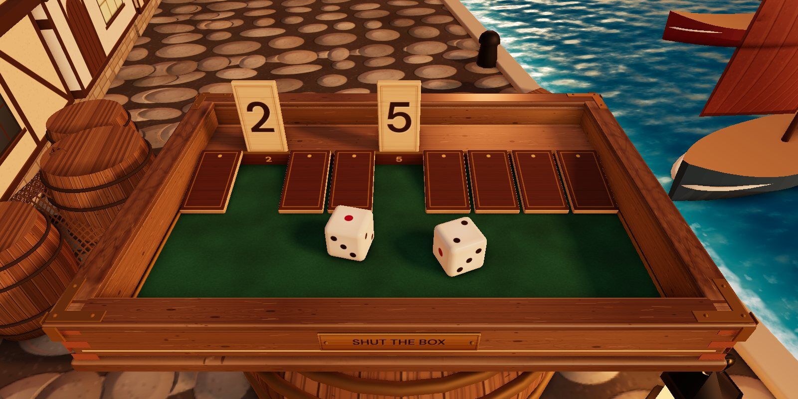 A Shut the Box with only the 2 and the 5 still open