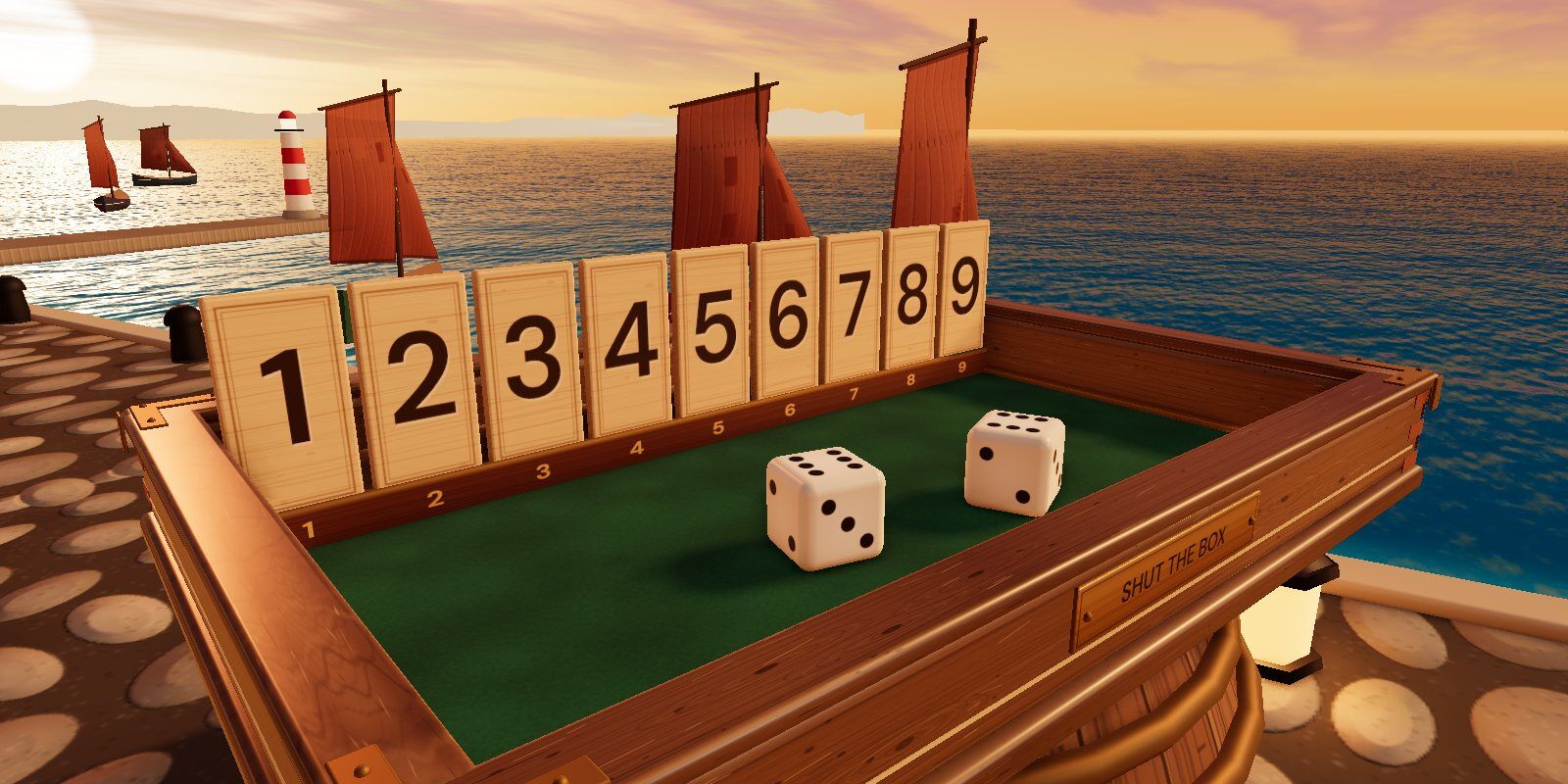 The numbered tiles of a Shut the Box, with the harbour and a lighthouse behind